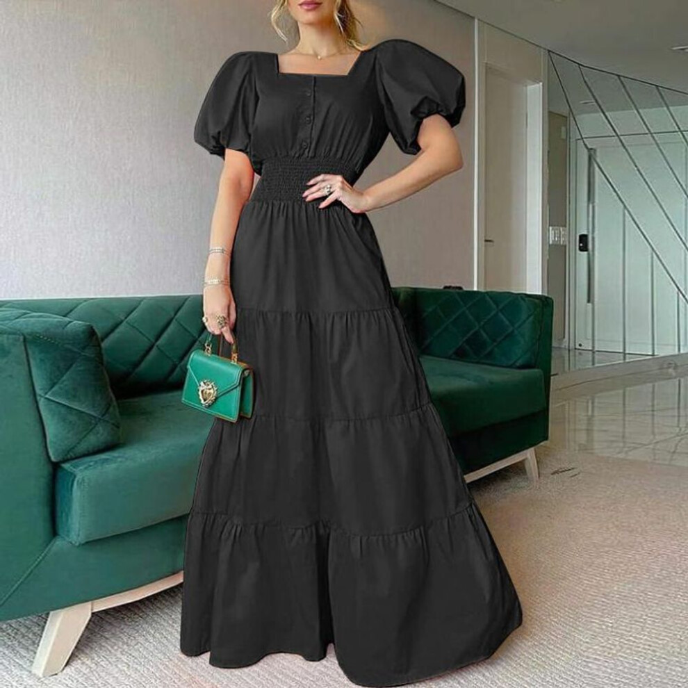 (black, 5XL) Women's Summer 2025 Puff Sleeve Maxi Sundress – Square Neck Casual Beach Dress