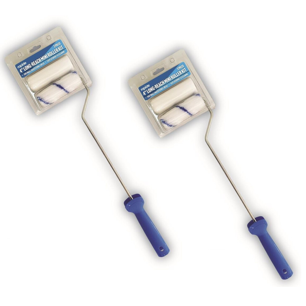 2x Long Handle Mini Paint Rollers 4 Inch Long Reach Foam and Fabric