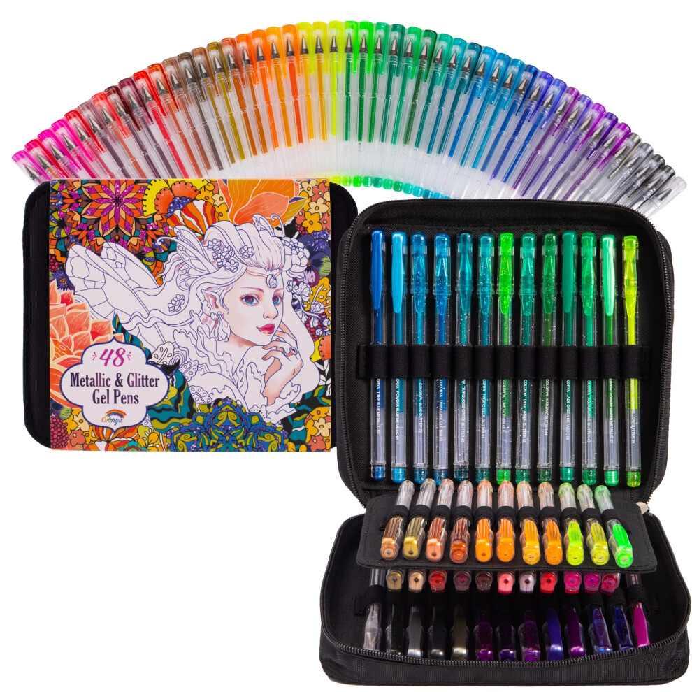 Colorya 48 Gel Pens For Adult Colouring - 17 Metallic & 31 Glitter Gel Pens + Carry Bag - Perfect for Coloring Book for Adults, Sketching, Drawin