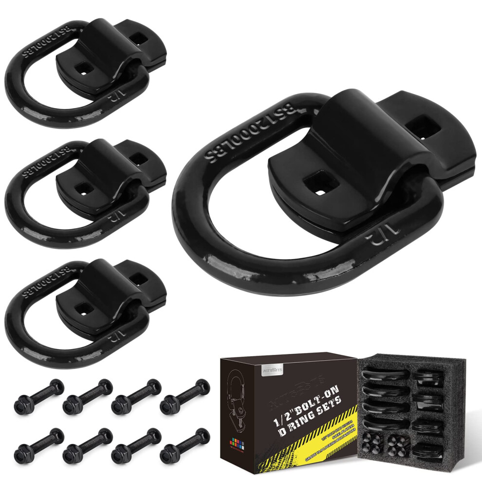 Autobots 1/2" Heavy Duty Bolt-On Forged D Ring, 12000Lbs Break Strength Tie Down Anchors Hooks, For Trailers, Trucks, And Cargo Tie Downs (Pack Of 4) Black 653871334554