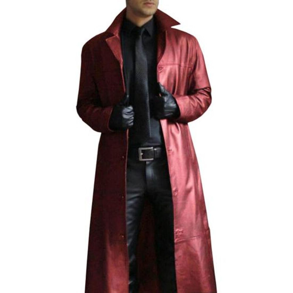 (red, L) Men Jacket Suit Collar Long Sleeve Single Breasted Faux Leather Jacket Extra Long Windbreaker Slim Fit Men Outerwear