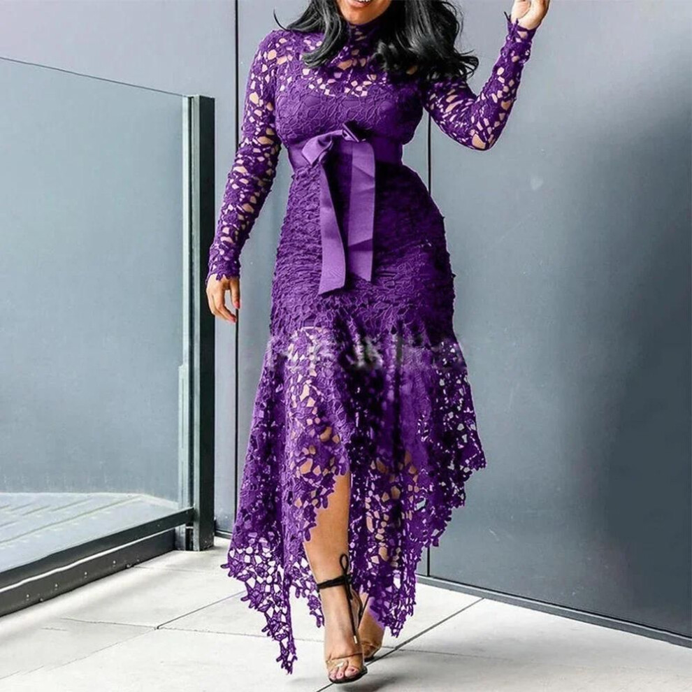 (purple, XXXXXL) Ladies Elegant Lace Maxi Dress Women Wedding Evening Party  Bodycon Long Sleeve Dresses Plus Size Fashion