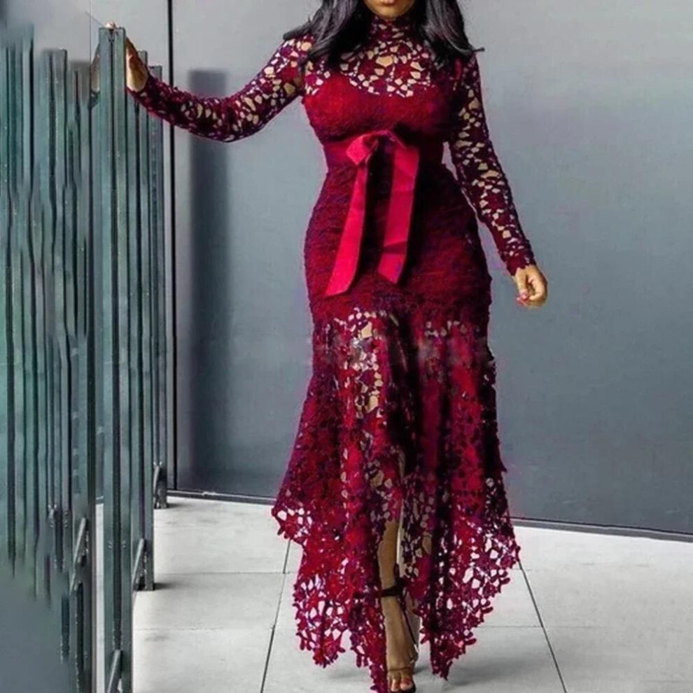 (wine red, XXXL) Ladies Elegant Lace Maxi Dress Women Wedding Evening Party  Bodycon Long Sleeve Dresses Plus Size Fashion