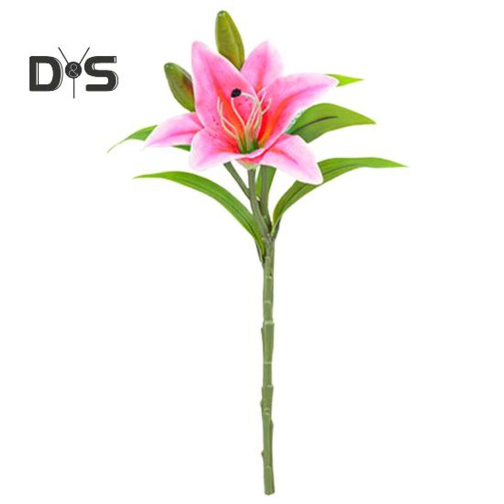 (dark pink) Artificial Lily Branch with Stem Green Leaves Home Wedding Party Faux Flower Floral Arrangement Indoor Outdoor Decoration Photo Props