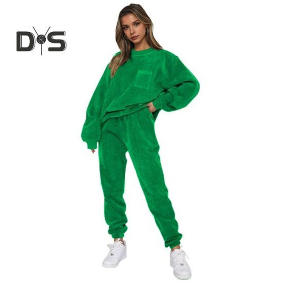 (green, S) 2 Pcs/set Women Top Pants Set Round Neck Long Sleeve Elastic Cuff Sweatshirt Pure Color Stretchy High Waist Ankle-banded Trousers Sport Fitness