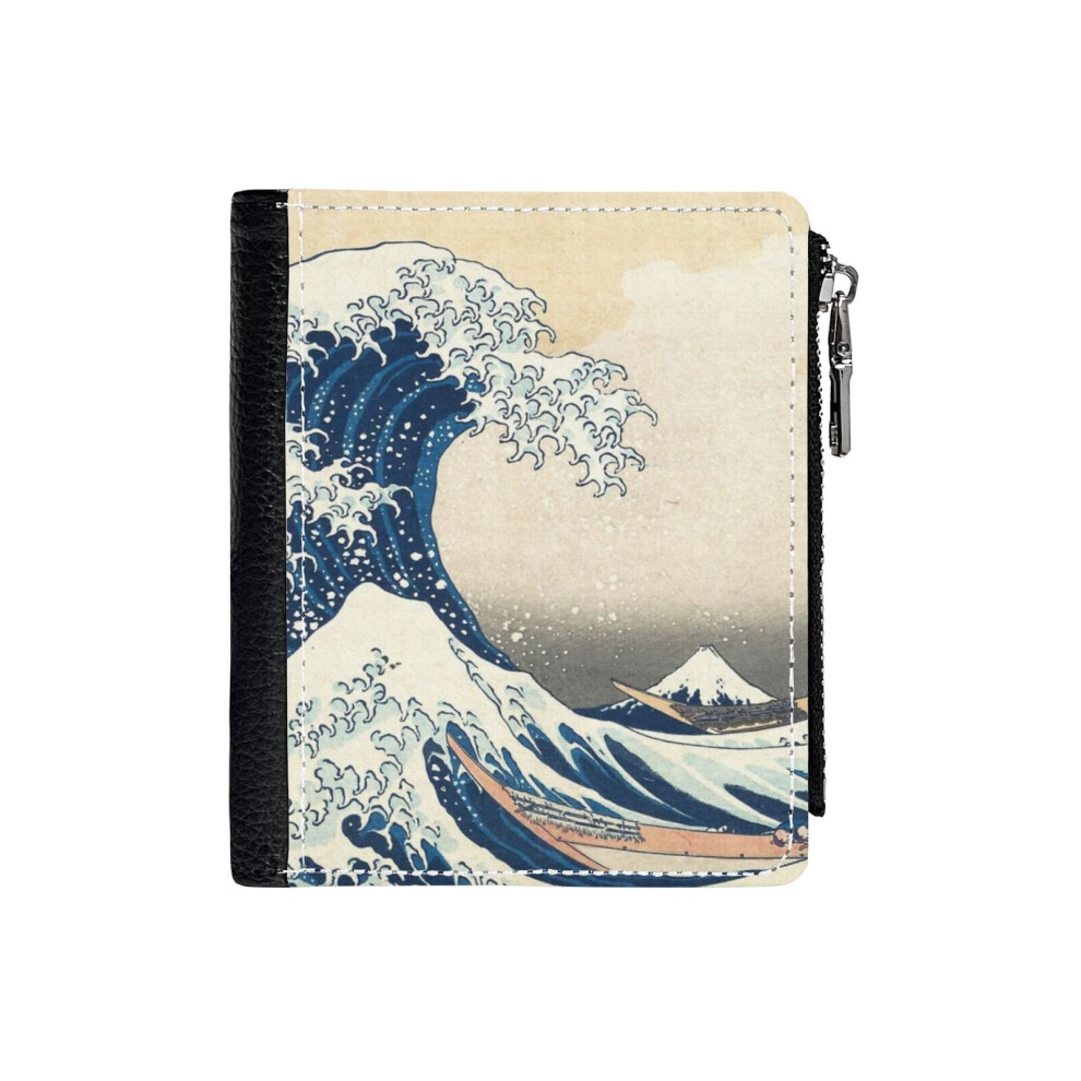 (Japanese Wave_11) PU Wallet Compact Bifold with Zipper & Multiple Card Coins Slots Black Stylish Durable Graphic Design Print for Men Women Kids Chri-image-OPC-PH9SVNH-NEW