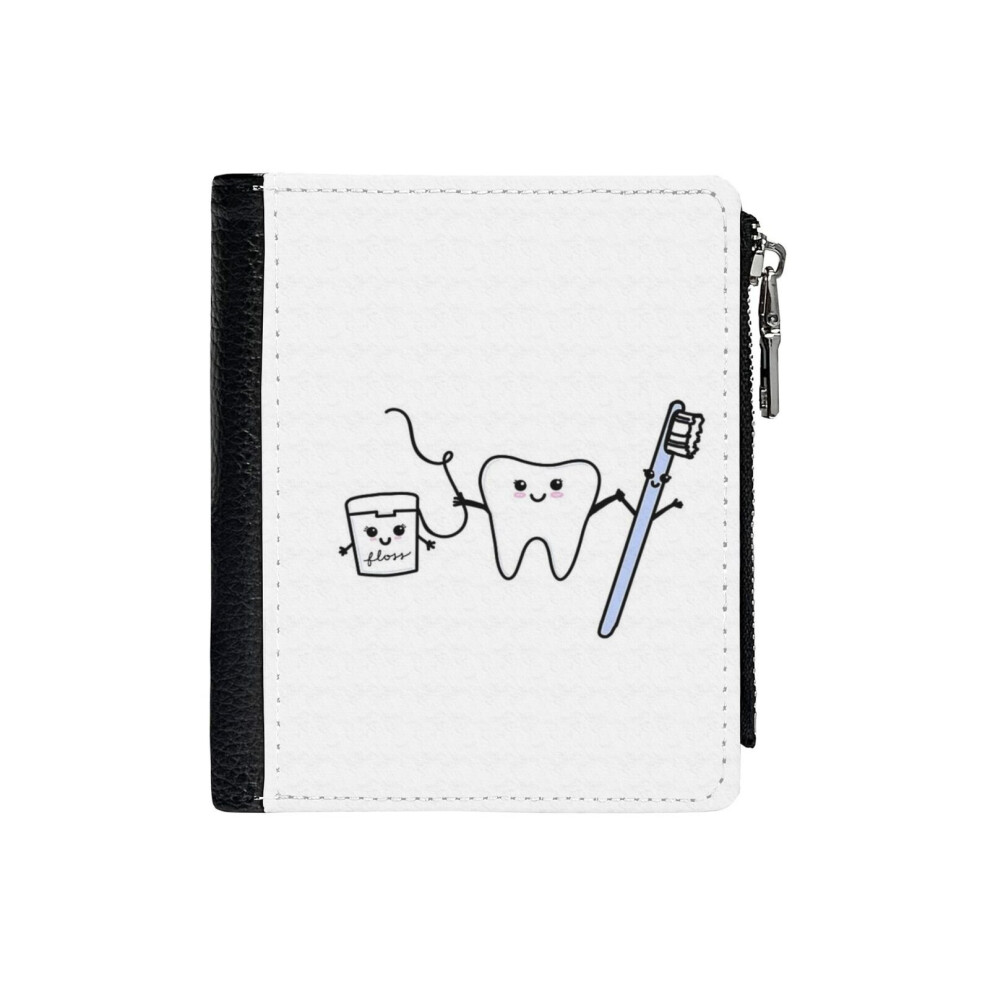 (Happy Tooth Friends_96) PU Wallet Compact Bifold with Zipper & Multiple Card Coins Slots Black Stylish Durable Graphic Design Print for Men Women Kid-image-OPC-PH9SWW2-NEW