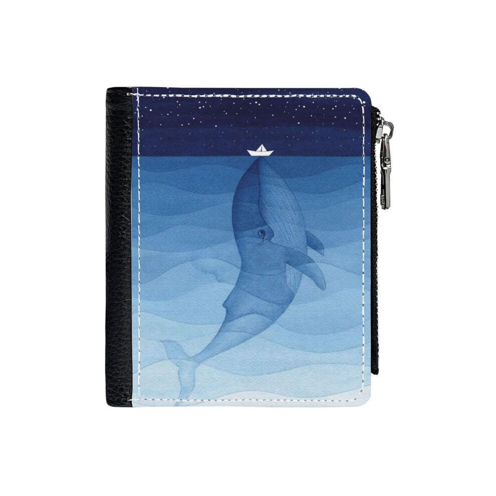 (Blue Whale, Sea Animal_84) PU Wallet Compact Bifold with Zipper & Multiple Card Coins Slots Black Stylish Durable Graphic Design Print for Men Women-image-OPC-PH9SX6N-NEW
