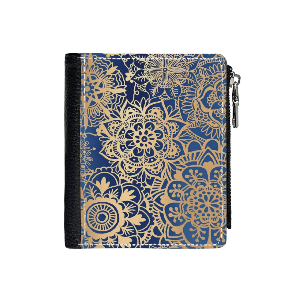 (Blue And Gold Mandala Pattern_43) PU Wallet Compact Bifold with Zipper & Multiple Card Coins Slots Black Stylish Durable Graphic Design Print for Men-image-OPC-PH9SX7R-NEW