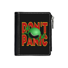 (DON'T PANIC_35) PU Wallet Compact Bifold with Zipper & Multiple Card Coins Slots Black Stylish Durable Graphic Design Print for Men Women Kids Christmas Gift