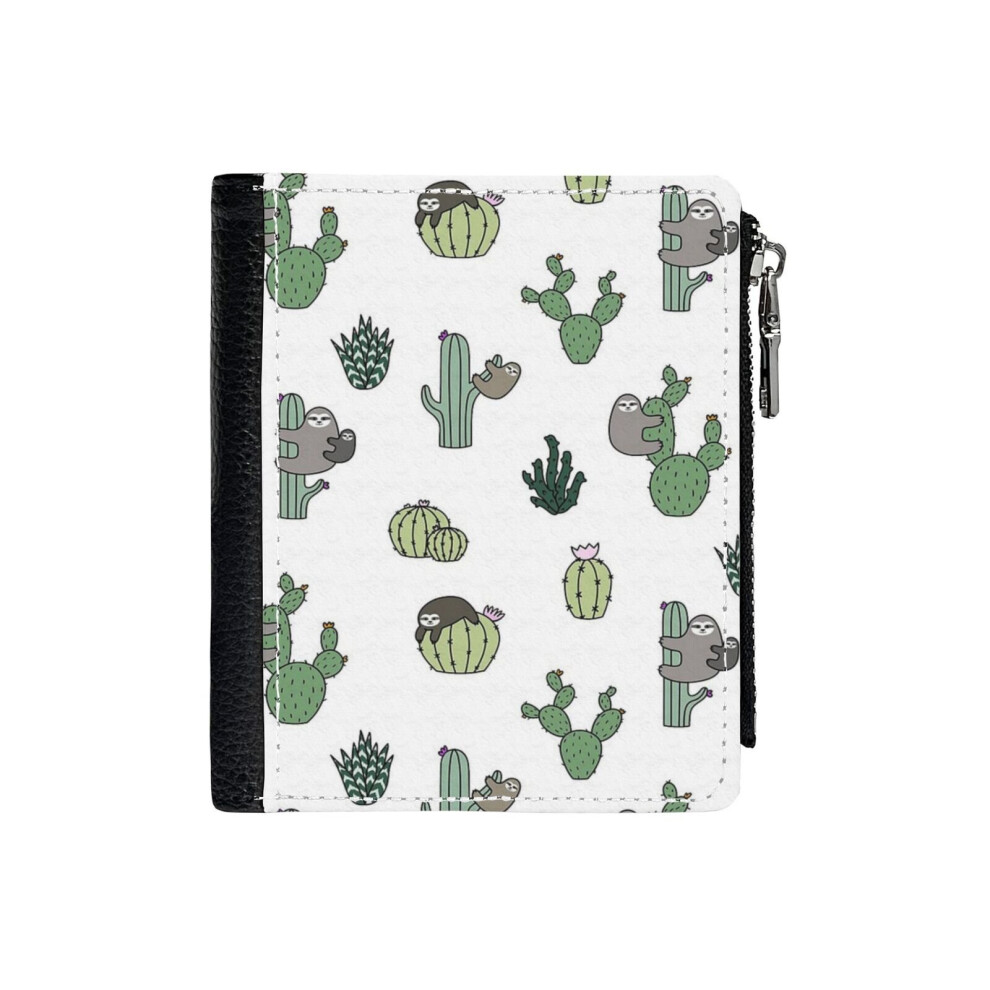 (Cacti Sloths_36) PU Wallet Compact Bifold with Zipper & Multiple Card Coins Slots Black Stylish Durable Graphic Design Print for Men Women Kids Chris-image-OPC-PH9SYZ7-NEW