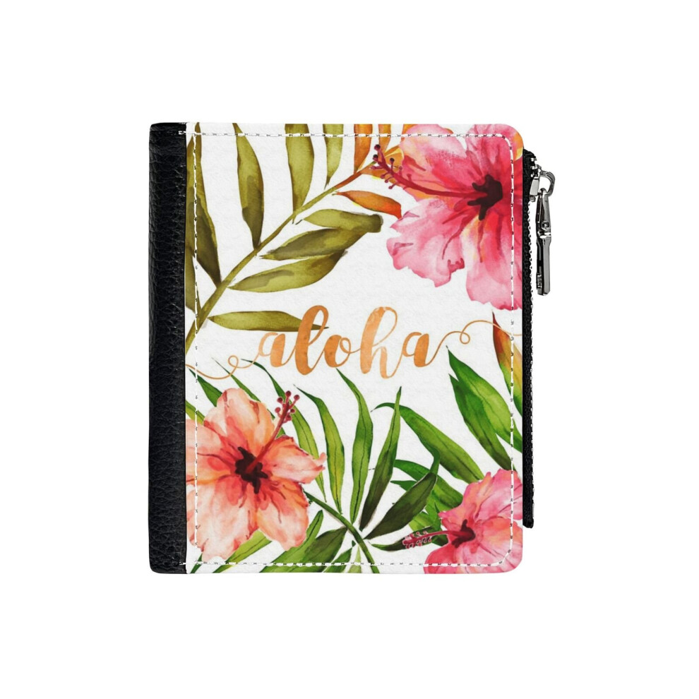 (Aloha Tropical Hawaiian Floral Watercolor_118) PU Wallet Compact Bifold with Zipper & Multiple Card Coins Slots Black Stylish Durable Graphic Design-image-OPC-PH9T2BT-NEW