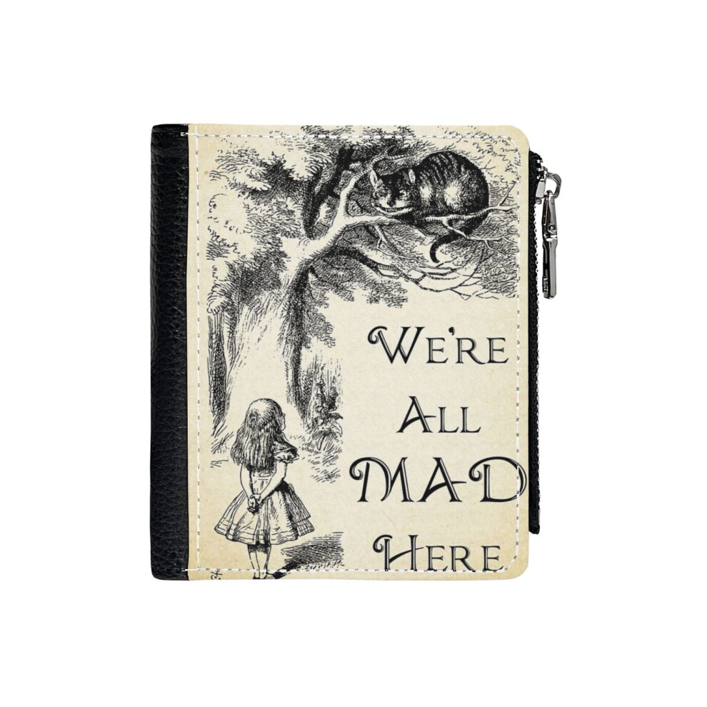 (Alice In Wonderland Quote - We're All Mad Here - Cheshire Cat Quote - 0104_9) PU Wallet Compact Bifold with Zipper & Multiple Card Coins Slots Black-image-OPC-PH9T2DY-NEW