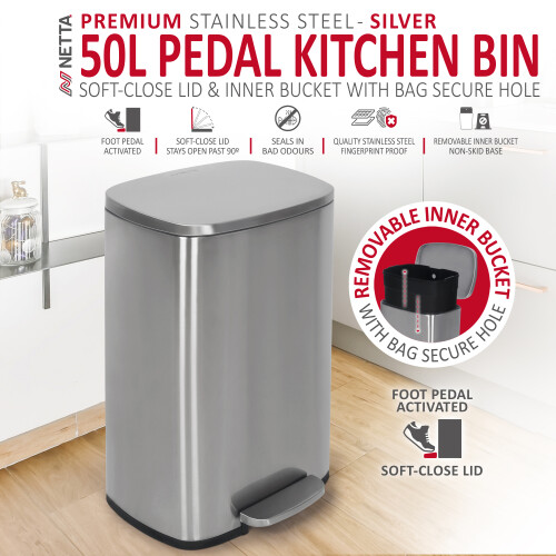 NETTA NETTA 50L Pedal Bin - Brushed Stainless Steel 1