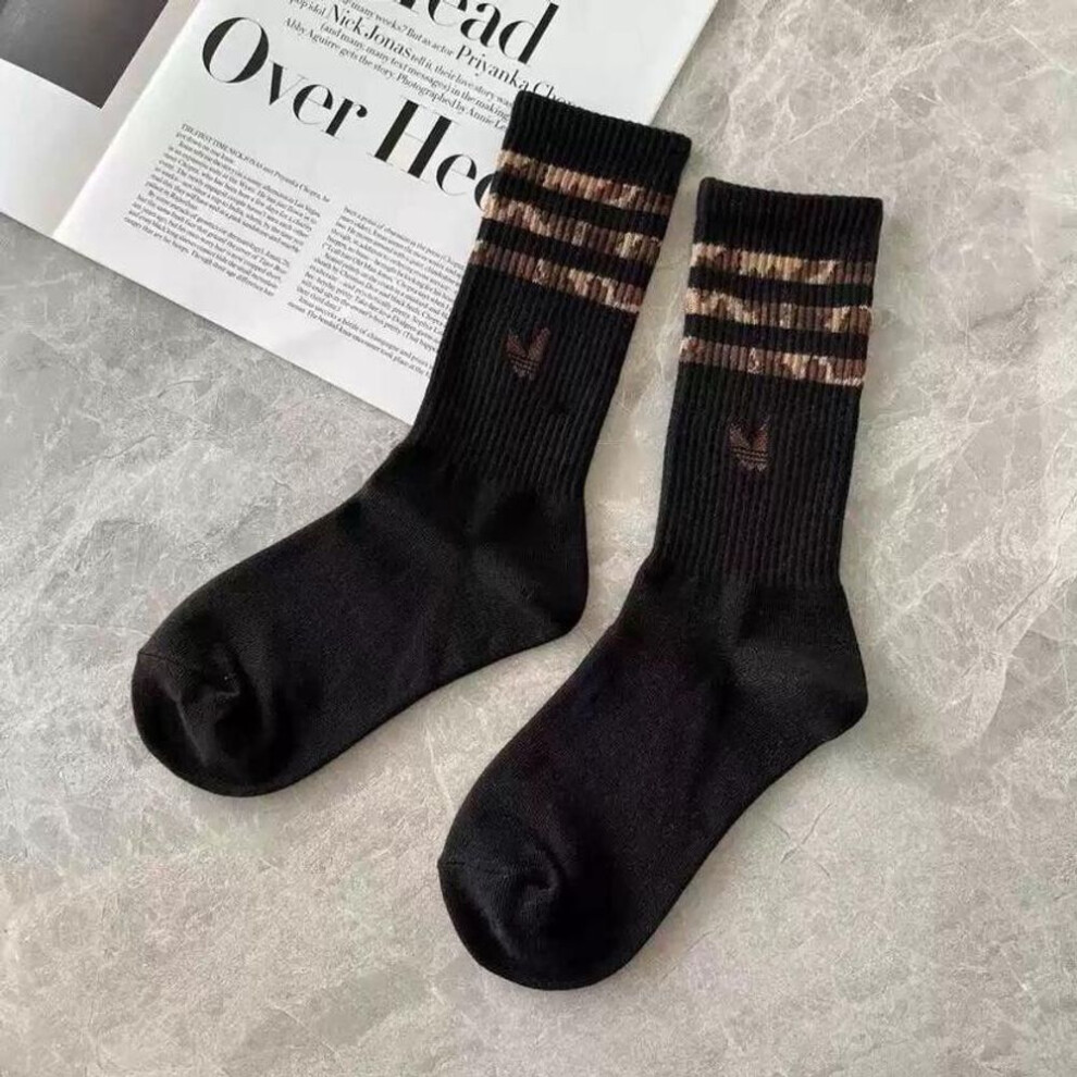 (black, One Size) Leopard Print Retro Three-Stripe Casual Mid-Tube Sports Socks