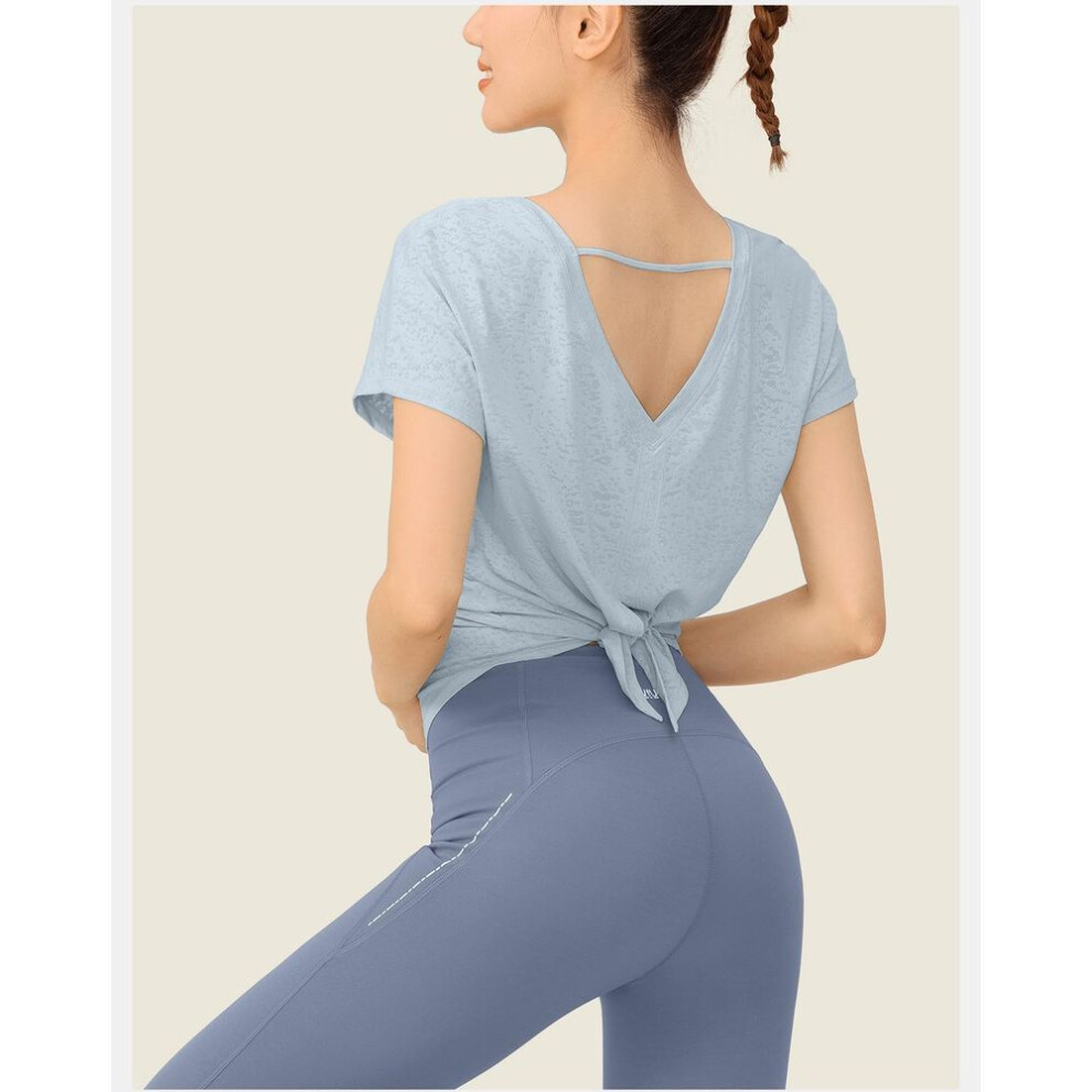 (Medium, blue) Women's Summer Yoga T-shirt: Lightweight, Loose, Short-sleeve, Breathable Sports Blouse For Pilates And Fitness.