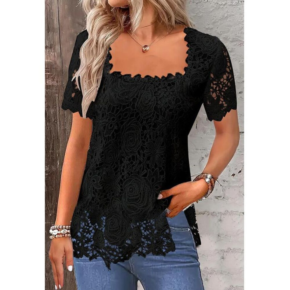 (XXL, black) Summer Square Collar Elegant Loose Lace Shirt Women Fashion Short Sleeve Solid Plus Size Casual White Blouses Women Vacation Hollow Shirt Tops 26245