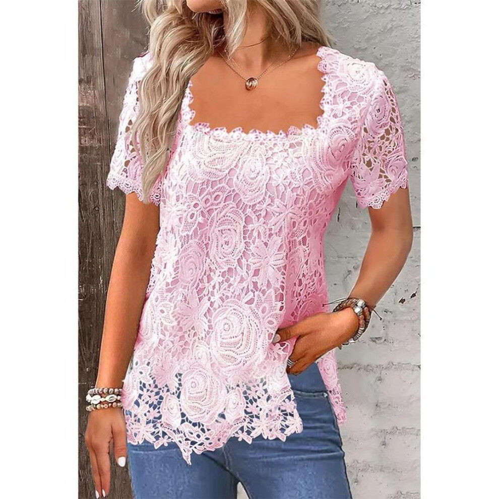 (4XL, pink) Summer Square Collar Elegant Loose Lace Shirt Women Fashion Short Sleeve Solid Plus Size Casual White Blouses Women Vacation Hollow Shirt Tops 26245