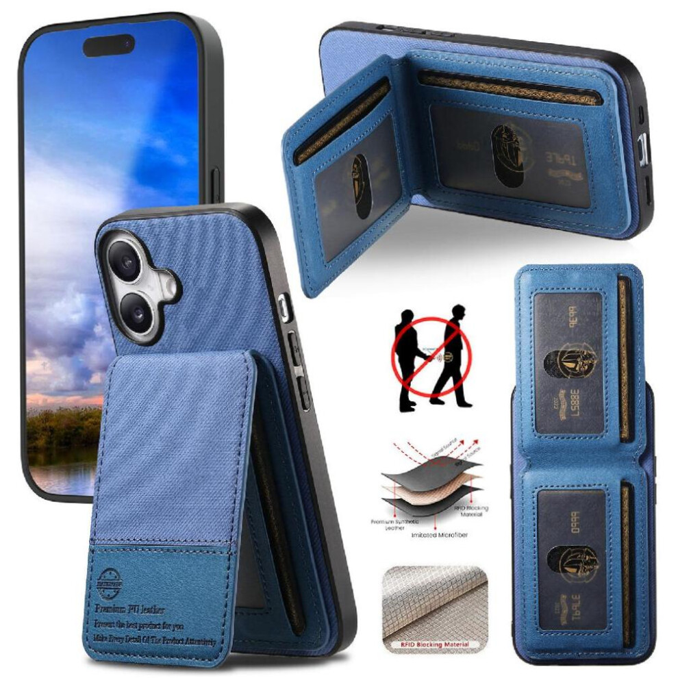 (Blue) Compatible With Iphone 16 Case Wallet Leather Case Rfid Blocking Shockproof Blue 764563522804
