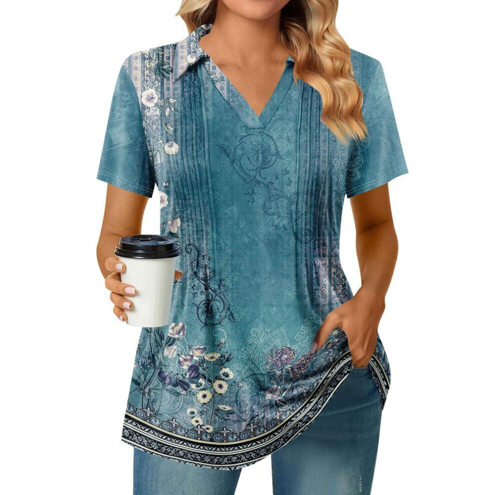 (XXXL, cyan) Womens Short Sleeve T Shirts Pleated V Neck Printing Tee Collared Summer Tops Fashion Business Casual Work