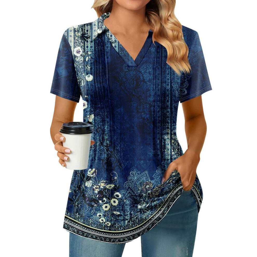 (M, dark blue) Womens Short Sleeve T Shirts Pleated V Neck Printing Tee Collared Summer Tops Fashion Business Casual Work