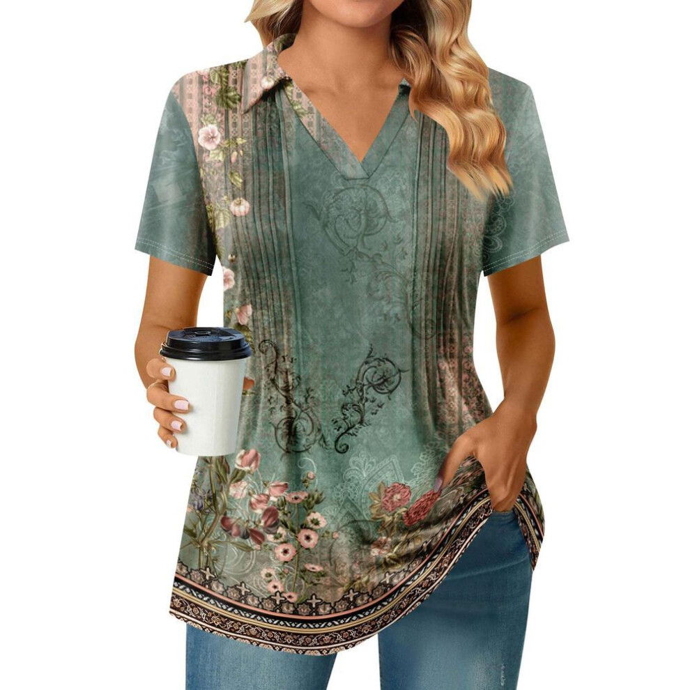 (XL, green) Womens Short Sleeve T Shirts Pleated V Neck Printing Tee Collared Summer Tops Fashion Business Casual Work