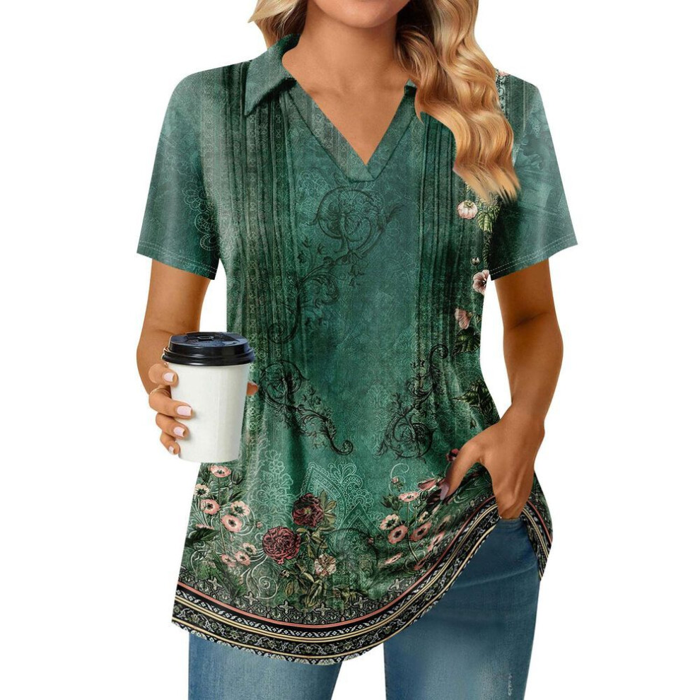 (L, dark green) Womens Short Sleeve T Shirts Pleated V Neck Printing Tee Collared Summer Tops Fashion Business Casual Work