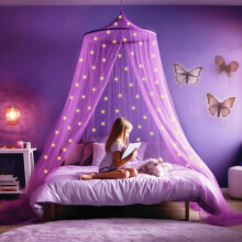 Purple Canopy for Girls Bed with Pre-Glued Glow in The Dark Stars - Princess Mosquito Net Room Decor - Kids & Baby Bedroom Tent with Galaxy Lights - 1
