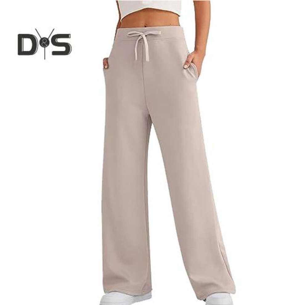 (khaki, M) Women Pants High Elastic Waist Wide Leg Loose Solid Color Soft Casual Drawstring Full Length Pockets Simple Style Lady Yoga Jogging Sweatpants Long