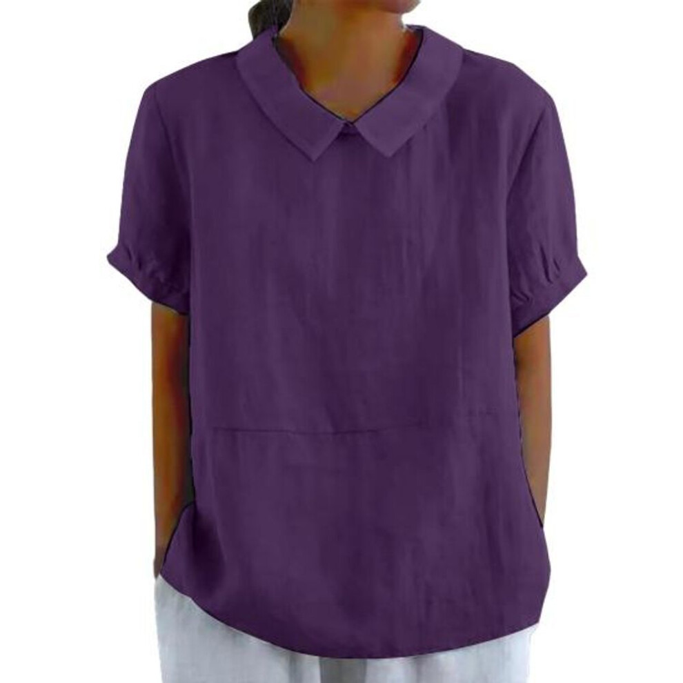 (L, dark purple) Women Casual Shirt Turned Collar Short Sleeve Solid Color Loose Fit Tee