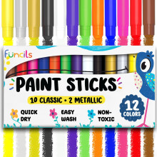 Funcils 12 Tempera Paint Sticks for Kids & Toddlers - Quick Dry Non-Toxic Washable Paint for Kids | Art & Craft Supplies Set Solid Painting Markers