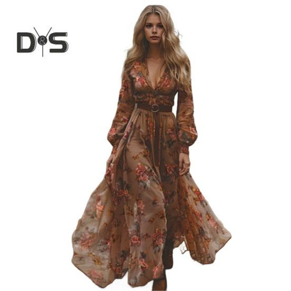 (dark brown, XXL) Spring Fall Dress V Neck Digital Floral Print Pleated A-line Maxi Dress Long Sleeves Beach Dress for Party Travel