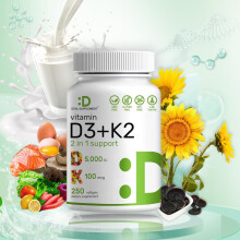 Supplement Vitamin D3 & K2, 250 Veggie Softgels | 2-in-1 Formula (5000 IU D3 + 100mcg K2 MK7) | Supports Healthy Bones, Teeth, Heart, & Immune System