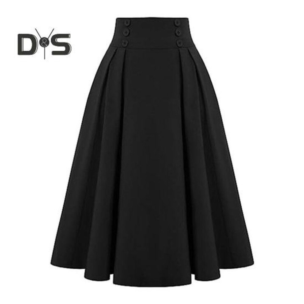 (3XL, black) Women Midi Skirt High Waist Button Decor A-line Casual Skirt Solid Color Office Lady Skirt With Pockets Workwear