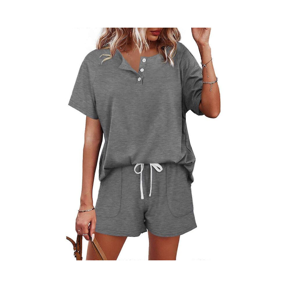 (M,Gray)Womens Summer Casual 2 Piece Outfit Solid Color Button Down V-Neck Top and Drawstring Shorts Set with Pockets Loungewear  Pink XL