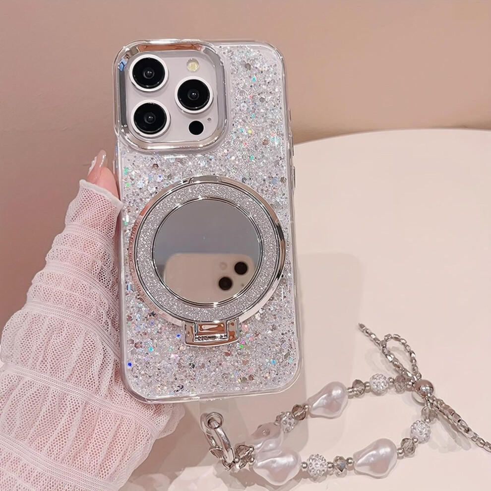 (as the picture, For iPhone 15) New Glitter Phone Case With Mirror Holder For Iphone 16 15 14 13 12 11 Pro Max Drop Resistant Phone Case With Hanging Chain