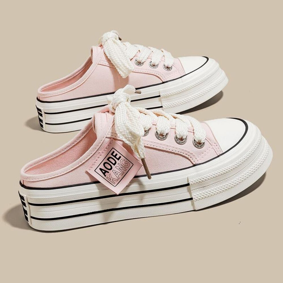 (pink, 35) 2024 New Women's Thick-soled Korean Canvas Slip-on Shoes: Summer White All-match