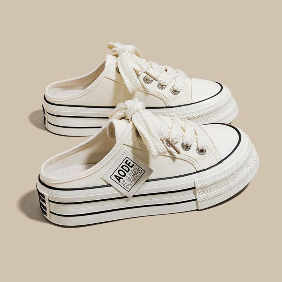 (beige, 40) 2024 New Women's Thick-Soled Korean Canvas Slip-On Shoes: Summer White All-Match