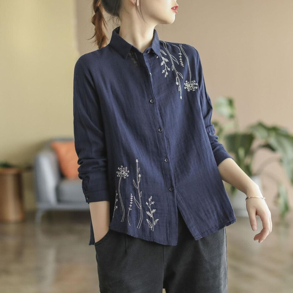 (M, navy) 2024 Spring Women's Floral Embroidered Cotton Top - Simple, Artistic, Long Sleeve, Loose Fit
