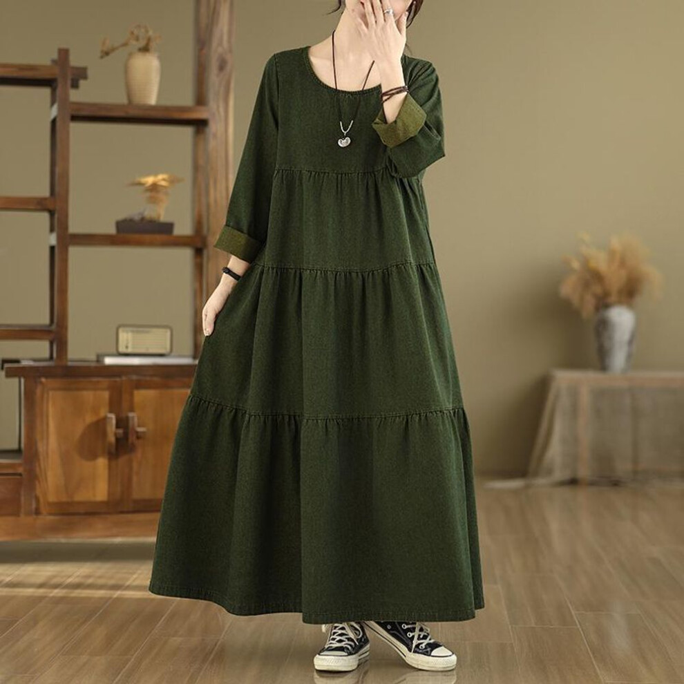 (green, 3XL) DIMANAF Women 2025 New Plus Size Spring Dress Denim Long Sleeve O-Neck Dress Loose Basic Dresses Vintage