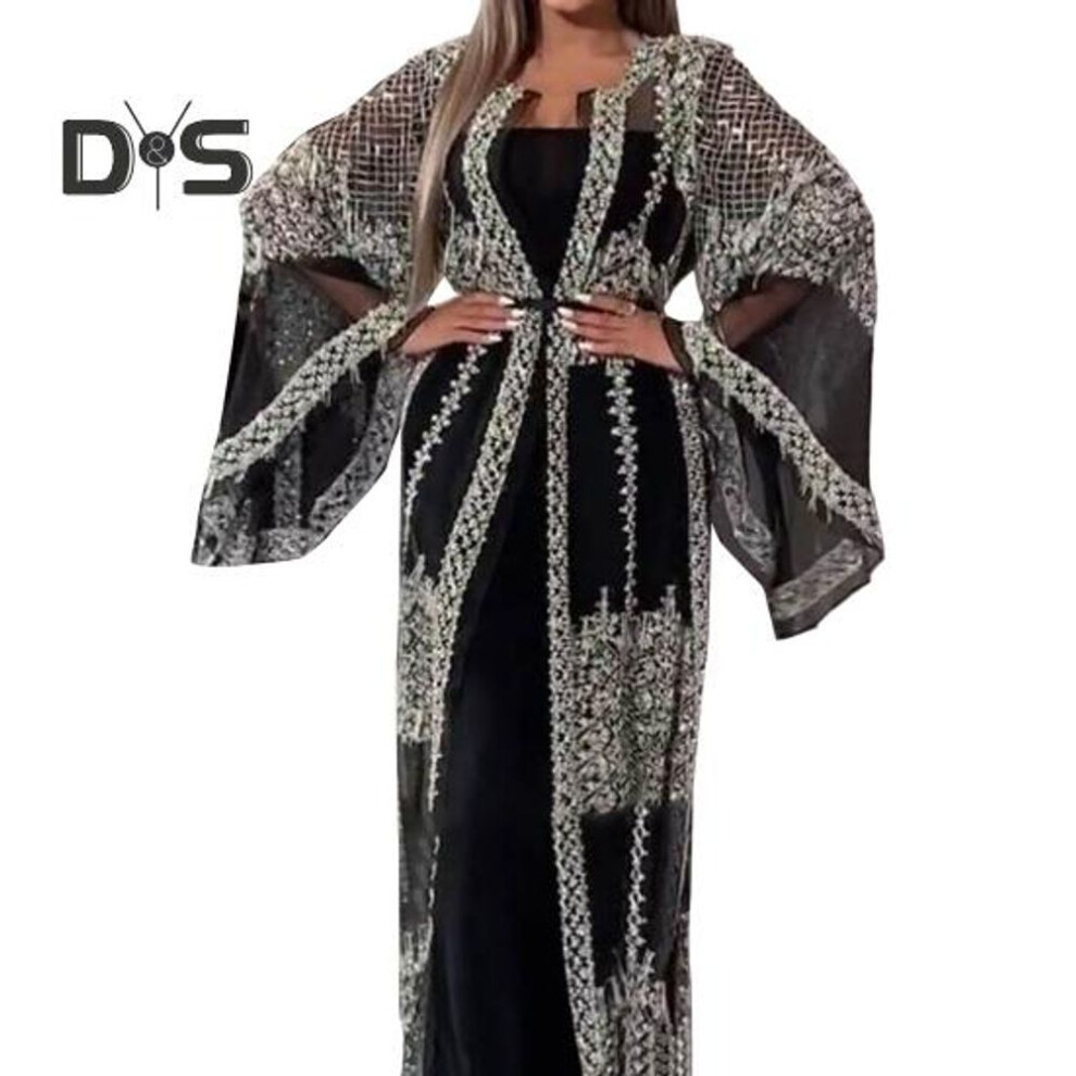 (black, S) 2 Pcs/Set Women Evening Dress Big Swing Shiny Bronzed Cardigan Slip Dress Set See-through Mesh Long Sleeve Coat Cocktail Events Special Occasions