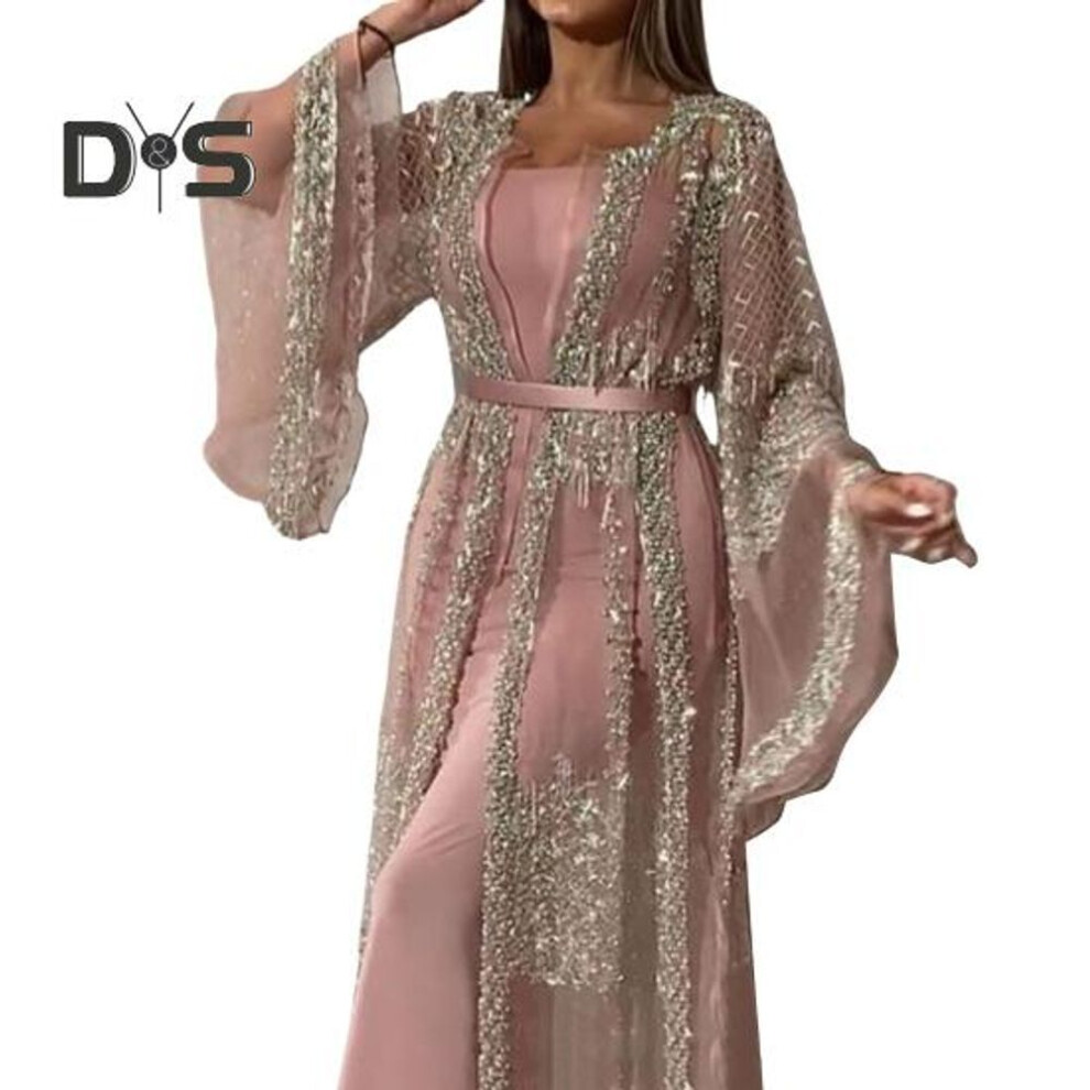 (pink, XL) 2 Pcs/Set Women Evening Dress Big Swing Shiny Bronzed Cardigan Slip Dress Set See-through Mesh Long Sleeve Coat Cocktail Events Special Occasions