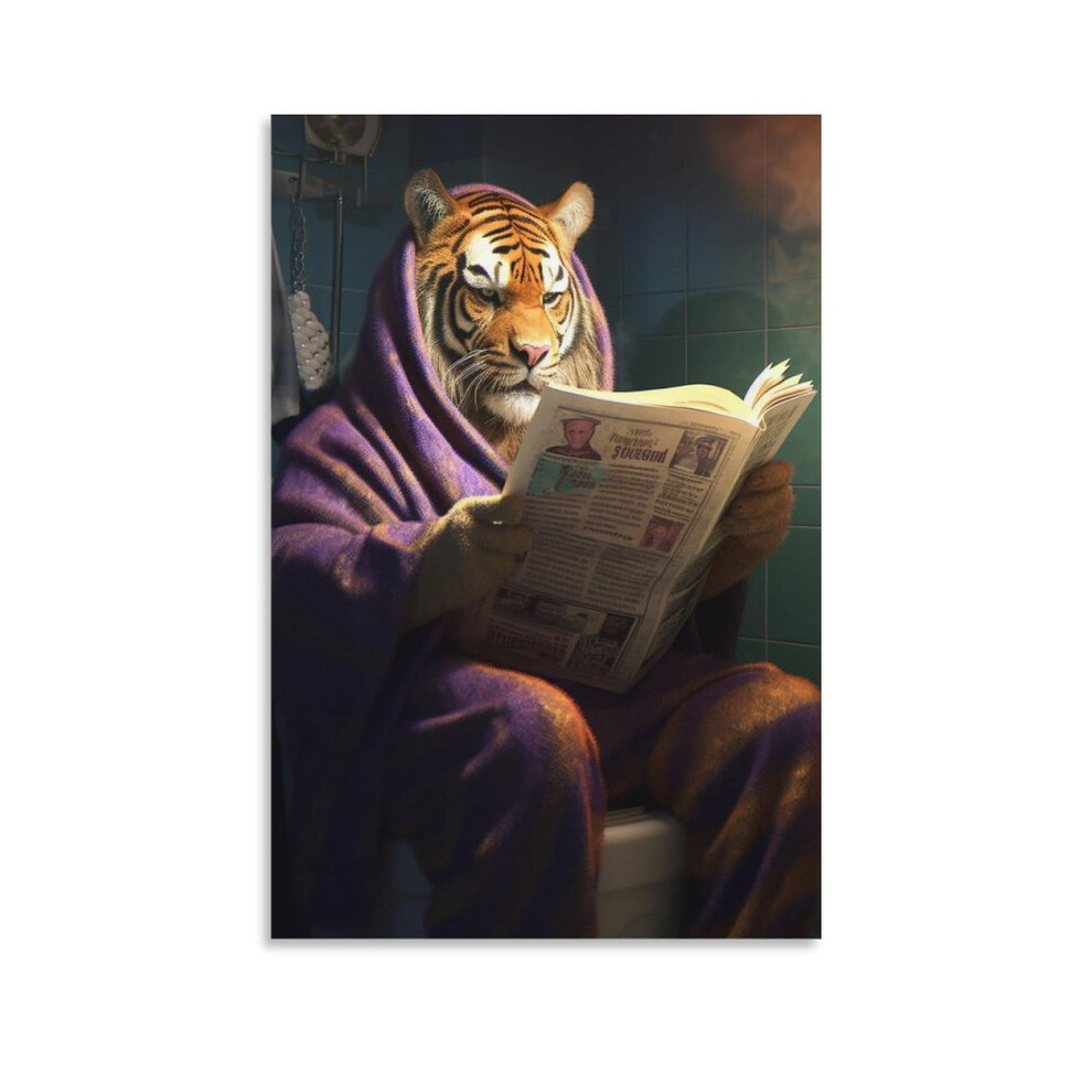 FireDeer - Toile murale humoristique pour salle de bain, chien lisant le journal sur les toilettes, affiche humoristique, peinture sur toile, image es