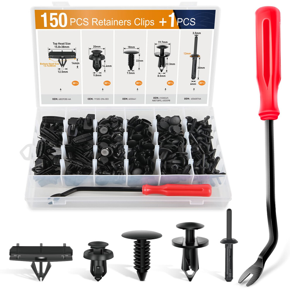 GOOACC 151PCS Clips de retenue de pare-chocs avec extracteur de fixation Fixation de calandre Rivets en plastique de type poussoir Compatible avec Jee