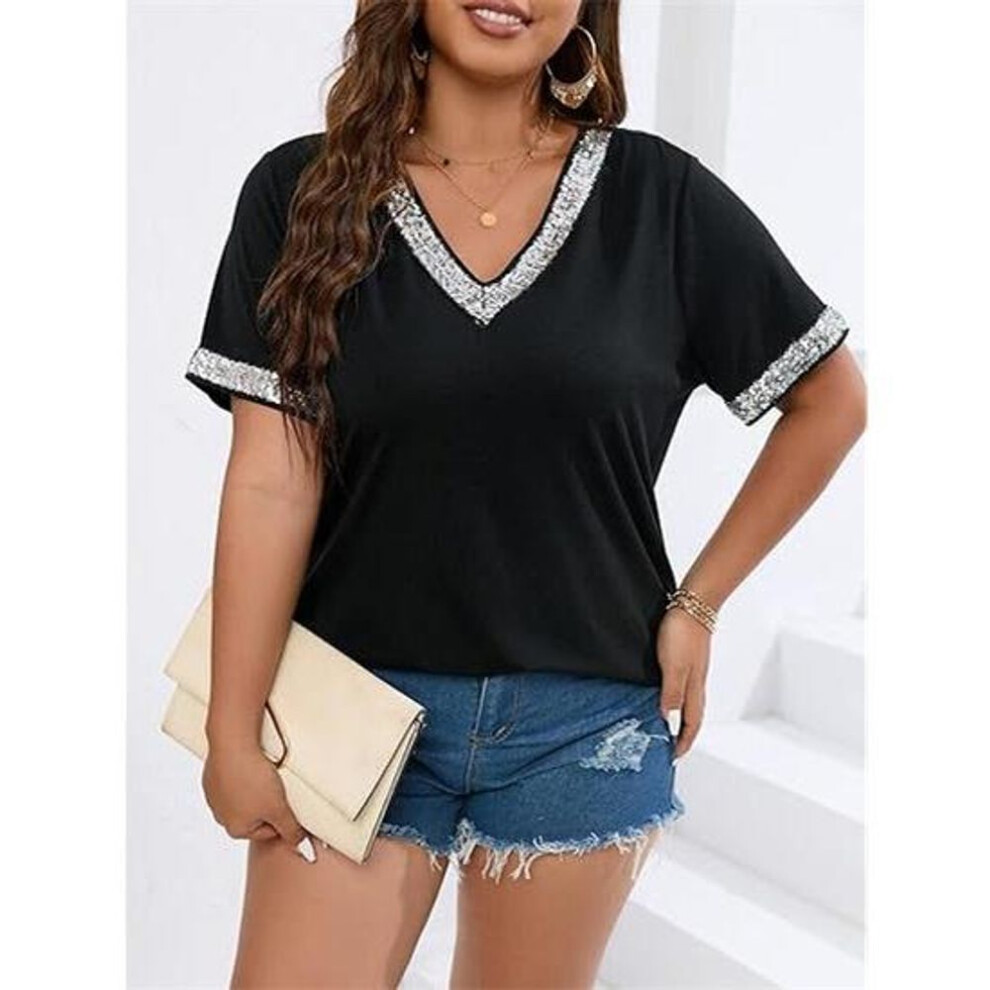(XL, as the picture) Women's Short Sleeve V-Neck Glitter Black T-Shirt
