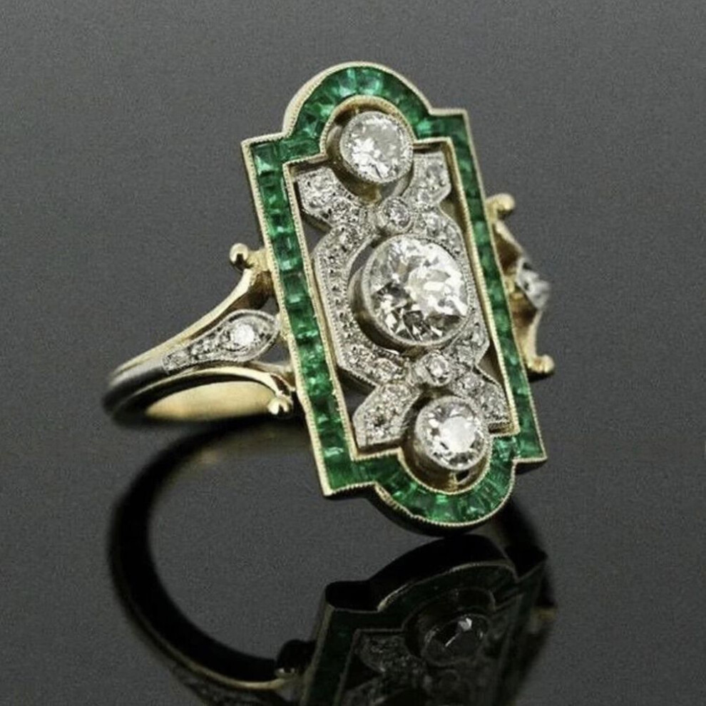 (gold, No. 10) European And American Style Fashion Emerald Zircon Engagement Ring Luxury Atmospheric Round Diamond Gemstone Ring Jewelry