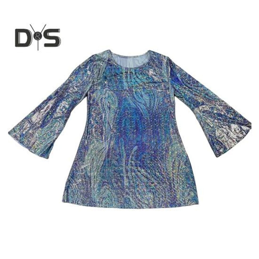 (blue, XXL) Women Dress Retro Sequin Bell Sleeves Plus Size Loose Fit Printed Halloween Cosplay Hippie Disco Dance Performance Party Bronzing Evening Dress