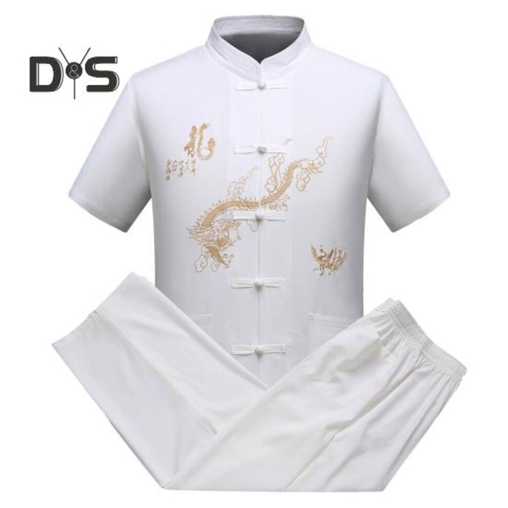 (white, 3XL) 2 Pcs/Set Men Shirt Pants Suit Chinese Style Tang Suit Morning Exercise Workout Tachi Clothes Stand Collar Short Sleeve Single breasted Wide Leg