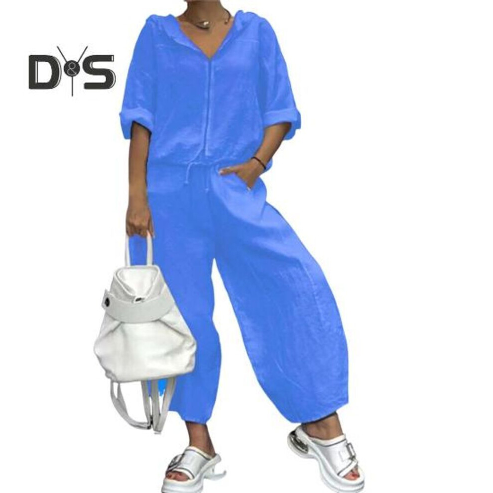 (purple, XL) 2 Pcs/Set Women Coat Pants Suit Hooded Zip-up Half Sleeve Lace-up Hem Top Wide Leg Loose Pockets Trousers Winter Daily Wear Tracksuit