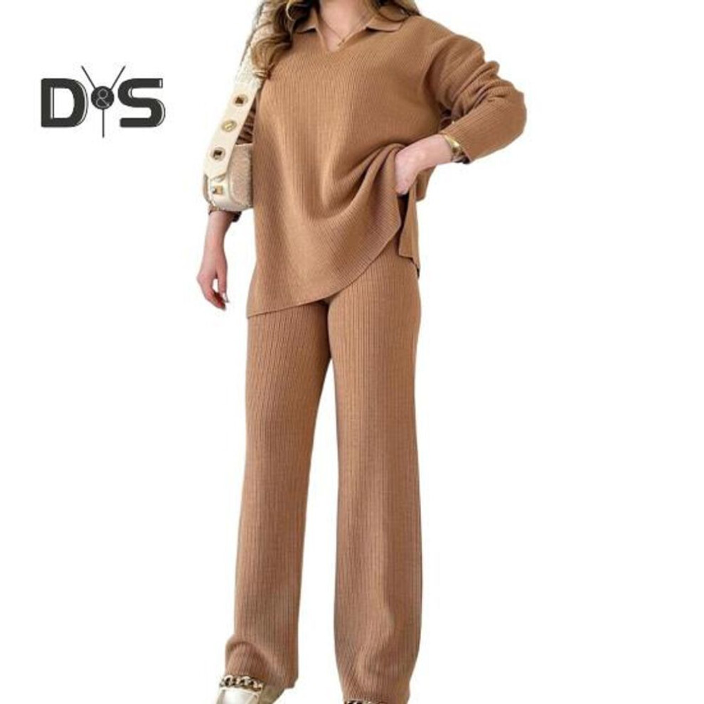 (brown, XL) 2 Pcs/set Women Knitted Outfit V Neck Long Sleeves Top High Waist Wide Leg Trousers Thread Home Casual Clothes Pajamas Set Fall Winter Tracksuit Set